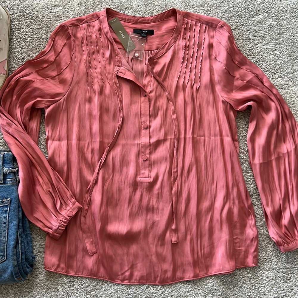 J Crew Featherweight Satin Tie Neck Top - Picture 2 of 9